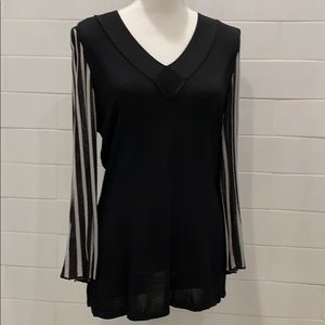 Caprice Black with pleated, flared, striped sleeve